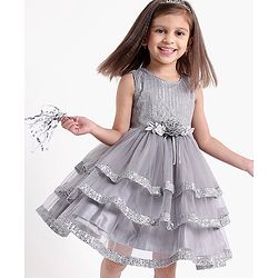 Babyhug Sleeveless Sequinned Party Wear Frock With Corsage  - Grey