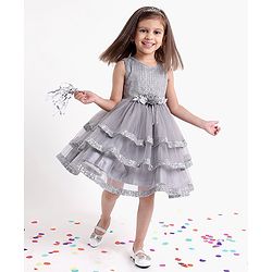 Babyhug Sleeveless Sequinned Party Wear Frock With Corsage  - Grey