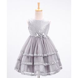 Babyhug Sleeveless Sequinned Party Wear Frock With Corsage  - Grey