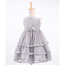 Babyhug Sleeveless Sequinned Party Wear Frock With Corsage  - Grey