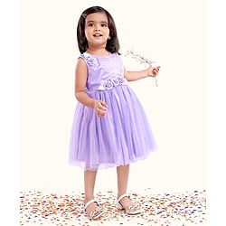 Babyhug Sleeveless Party Wear Frock With Net Detailing & Floral Applique- Purple
