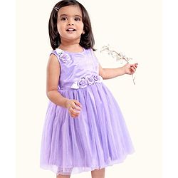 Babyhug Sleeveless Party Wear Frock With Net Detailing & Floral Applique- Purple