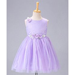 Babyhug Sleeveless Party Wear Frock With Net Detailing & Floral Applique- Purple