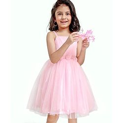 Babyhug Sleeveless Mesh Party Wear Frock With Corsage - Pink