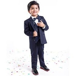 Babyhug Full Sleeves Stretch Fit Party Suit with Waist Coat & Bow - Navy