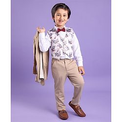 Babyhug Full Sleeves 4 Piece Party Suit With Bow - Cream