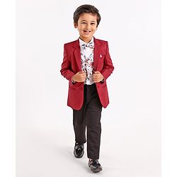 Babyhug Full Sleeves Party Wear Suit with Waistcoat & Bow - Red