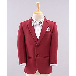 Babyhug Full Sleeves Party Wear Suit with Waistcoat & Bow - Red