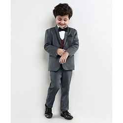 Babyhug Full Sleeves Party Wear Suit with Waistcoat & Bow - Grey