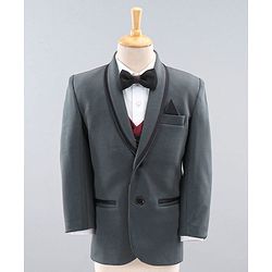 Babyhug Full Sleeves Party Wear Suit with Waistcoat & Bow - Grey