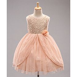 Babyhug Sleeveless Knee Length Sequinned Party Dress - Peach