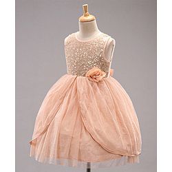 Babyhug Sleeveless Knee Length Sequinned Party Dress - Peach