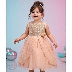 Babyhug Sleeveless Knee Length Sequinned Party Dress - Peach