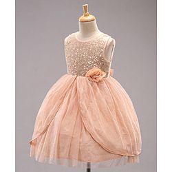 Babyhug Sleeveless Knee Length Sequinned Party Dress - Peach