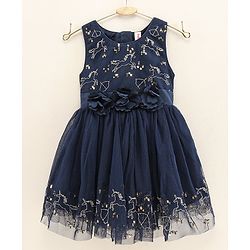Babyhug Sleeveless Embroidered Party Wear Frock Floral Corsage- Blue