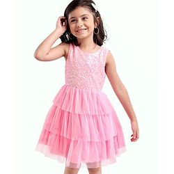 Babyhug Sleeveless Knee Length Solid Color Sequinned Party Dress With Bow Applique - Pink