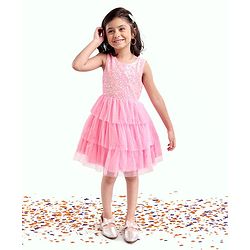 Babyhug Sleeveless Knee Length Solid Color Sequinned Party Dress With Bow Applique - Pink