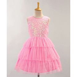 Babyhug Sleeveless Knee Length Solid Color Sequinned Party Dress With Bow Applique - Pink