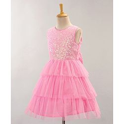 Babyhug Sleeveless Knee Length Solid Color Sequinned Party Dress With Bow Applique - Pink