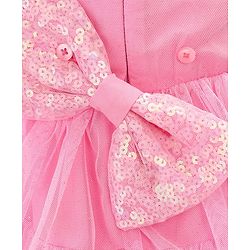 Babyhug Sleeveless Knee Length Solid Color Sequinned Party Dress With Bow Applique - Pink