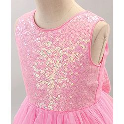 Babyhug Sleeveless Knee Length Solid Color Sequinned Party Dress With Bow Applique - Pink