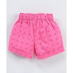 Babyhug Cotton Woven Mid Thigh Shorts Schiflli Design - Pink