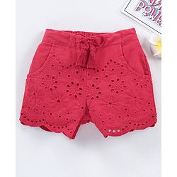 Babyhug Cotton Woven Mid Thigh Shorts Schiflli Design - Red