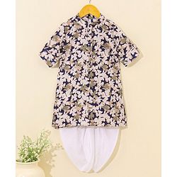 Babhyhug Cotton Woven Full Sleeves Ethnic Printed Kurta & Dhoti Set - Navy