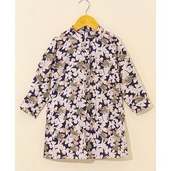 Babhyhug Cotton Woven Full Sleeves Ethnic Printed Kurta & Dhoti Set - Navy
