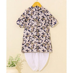 Babhyhug Cotton Woven Full Sleeves Ethnic Printed Kurta & Dhoti Set - Navy