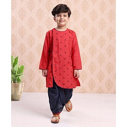Babyhug Cotton Full Sleeves Kurta & Dhoti Set Ethnic Print - Red Blue