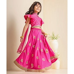 Babyhug Short Sleeves Zari Embroidered Lehenga Choli with Sequined Dupatta - Pink