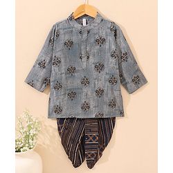 Babyhug Cotton Full Sleeves Kurta & Dhoti Set Ethnic Print - Navy Blue