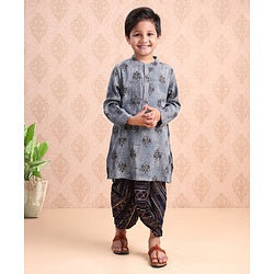 Babyhug Cotton Full Sleeves Kurta & Dhoti Set Ethnic Print - Navy Blue