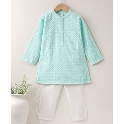 Babyhug Full Sleeves Cotton Solid Kurta Pyjama Set - Sea Green