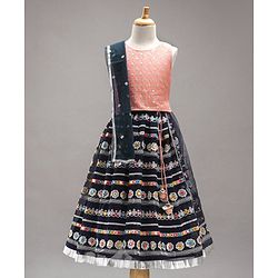 Babyhug Sleeveless Embroidered Choli & Flared Lehenga with Dupatta - Peach Navy