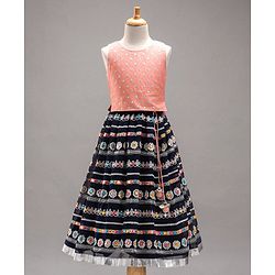 Babyhug Sleeveless Embroidered Choli & Flared Lehenga with Dupatta - Peach Navy