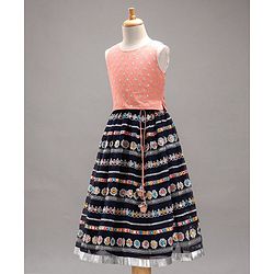 Babyhug Sleeveless Embroidered Choli & Flared Lehenga with Dupatta - Peach Navy