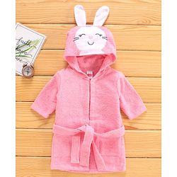 Babyhug Three Fourth Sleeves Hooded Bath Robe Bunny Design - Pink