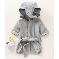 Babyhug Three Fourth Sleeves Elephant Design Woven Terry Bath Robe - Grey