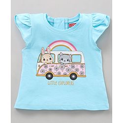 Babyhug Cap Sleeves Top Cat & Bunny Print - Blue