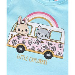 Babyhug Cap Sleeves Top Cat & Bunny Print - Blue