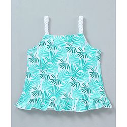 Babyhug Singlet Sleeves Top Leaf Print - White Blue