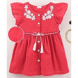 Babyhug 100% Cotton Cap Sleeves Floral Embroidered Frock - Red