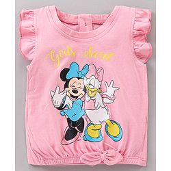 Babyhug Cotton Frill Sleeves Cotton T-Shirt Travel Disney Print - Pink