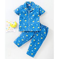 Babyhug Half Sleeves Woven Night Suit Stars & Planets Print - Navy