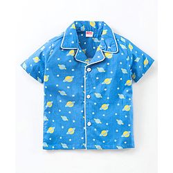 Babyhug Half Sleeves Woven Night Suit Stars & Planets Print - Navy