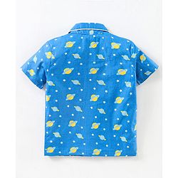 Babyhug Half Sleeves Woven Night Suit Stars & Planets Print - Navy