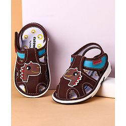 Cute Walk by Babyhug Open Toe Sandals with Velcro Closure Dino Patch - Coffee