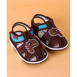 Cute Walk by Babyhug Open Toe Sandals with Velcro Closure Dino Patch - Coffee